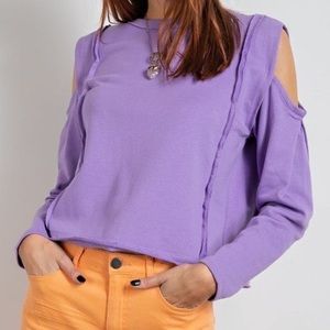 Easel Cold Shoulder Long Sleeve Terry Knit Cropped Top